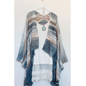 Gray Color Block Kimono Patch Paints Kimono Summer Beach Coverup