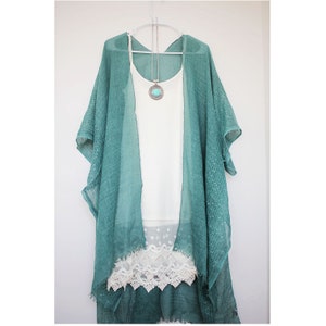 Teal Green Lightweight Summer Kimono with Sequins and Baby Fringes