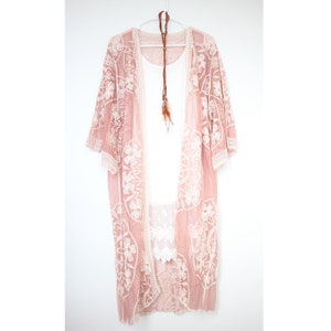 Dusty Pink Lace Mandala Long Kimono Duster