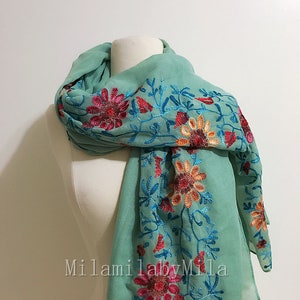 Embroidery Scarf, Aqua Blue Scarf, Floral Scarf, Embroidered scarf, Boho scarf, Khadi scarf, Gypsy scarf, Ethnic scarf, Bohemian scarf