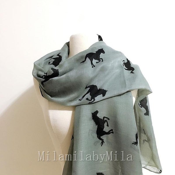 Gray Horses Scarf,Autumn Scarf,Ladies Women Scarves,Wrap Cover Up,Gifts For Her,Cute Ponies Pony Lover, Christmas Present