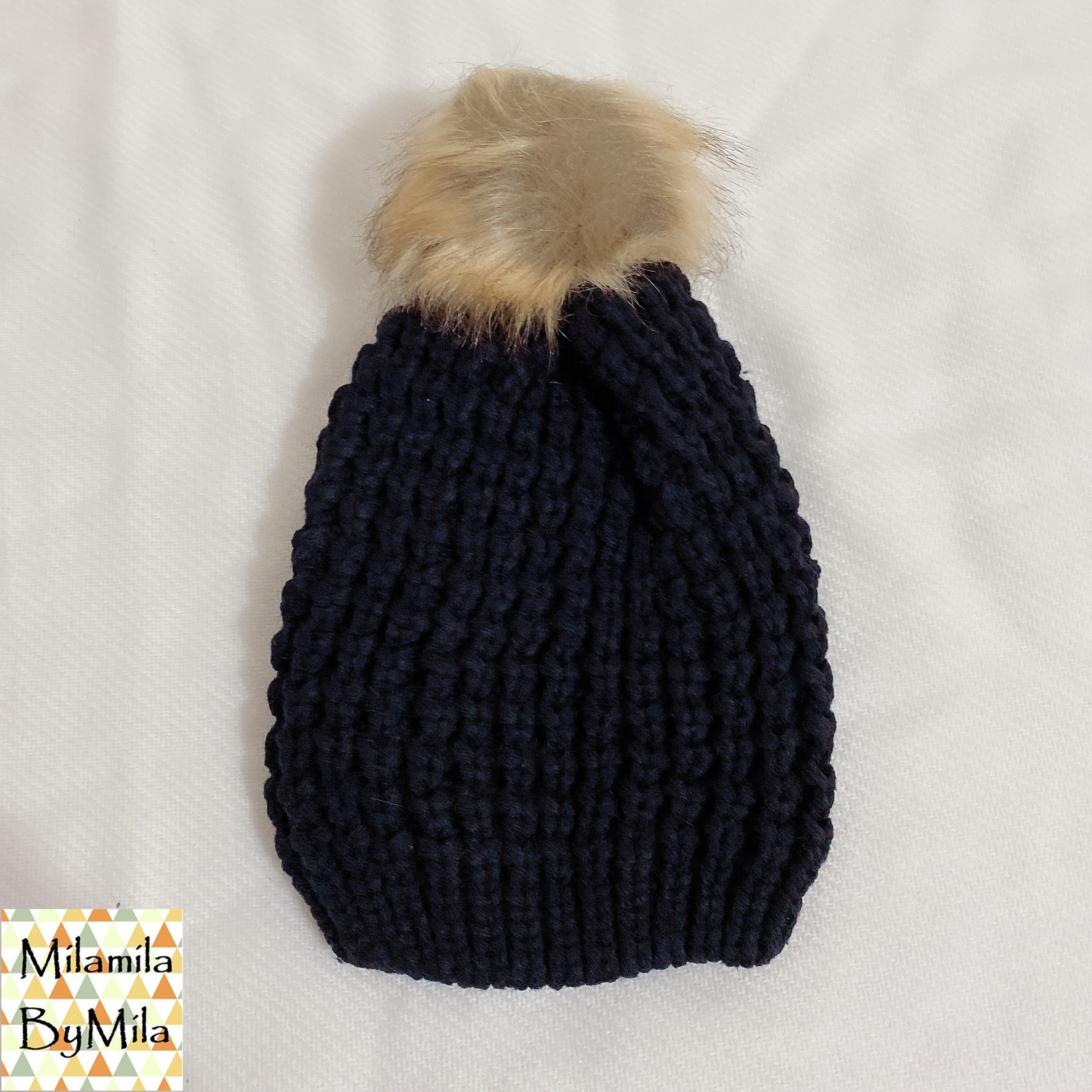 Black Hat With Faux Fur Pom Pom Ball - Etsy