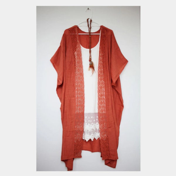 Lace Trim Kimono For Women in Rust Orange Autumn Color