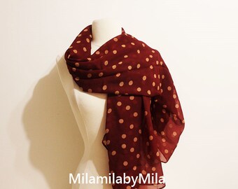 Burgundy Red Polka Dot Scarf, Polka Dot Infinity Scarf, Navy Scarf, Scarf for her, chiffon scarf, Fashion scarf, gift for mom, gift for her