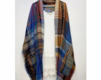 Plaid Poncho Cardigan with Pocket and Arm Holes