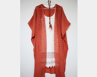 MilamilaByMila Rust Orange Lace Trim Womens Kimono - Summer Cardigan