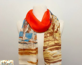 Orange Traveler Chiffon Scarf, Landscape Tree Scarf, Cobble stone Scarf, Scarf, Autumn Scarf, Chiffon Scarf, Gift for her, Women Scarf