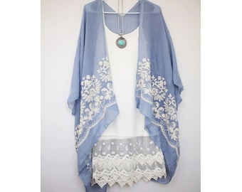 Kimono Duster Indigo Teal patchwork floral Bohemian Style Contrast Kimonos for Women Swim Cover Up