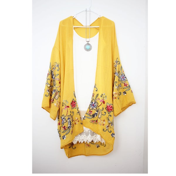 Boho Kimono with Colorful Floral Embroidery Summer Beach Cover Up for Women