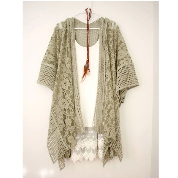 Kimono, Crochet Knit Lace Sage Boho Women Kimono Cardigan