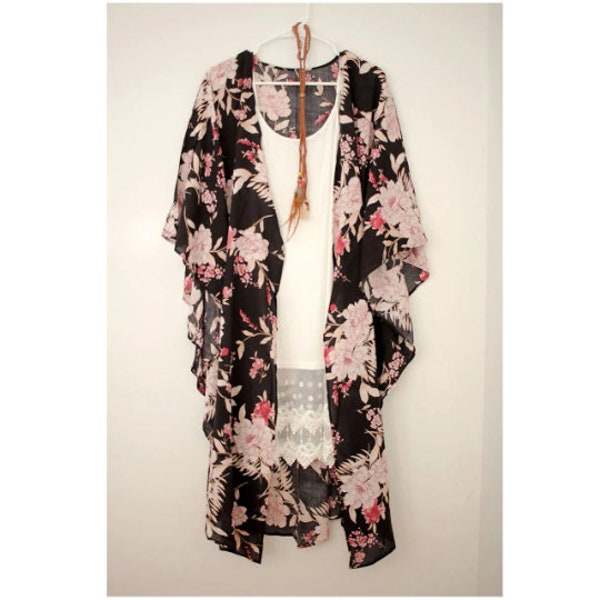 Kimono Black Boho Floral Style Contrast Kimonos for Women Swim Cover Up with Belt Kimonos Moms Gifts