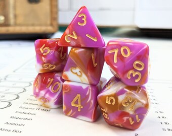 Orange, Pink and White Blend Dice Set, Dungeons and Dragons Dice (7), DND, TTRPG, Polyhedral Dice