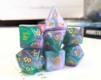 Purple, Green and White Runic Style Font , Dungeons and Dragons Dice (7), DND, TTRPG, Polyhedral Dice