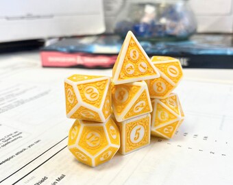 Yellow and White Lattice Dice Set, Dungeons and Dragons Dice (7), DND, TTRPG, Polyhedral Dice