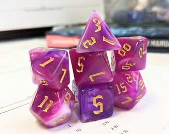 Purple, Pink, & White Gothic Font Style Dice Set, Dungeons and Dragons Dice (7), DND, TTRPG, Polyhedral Dice
