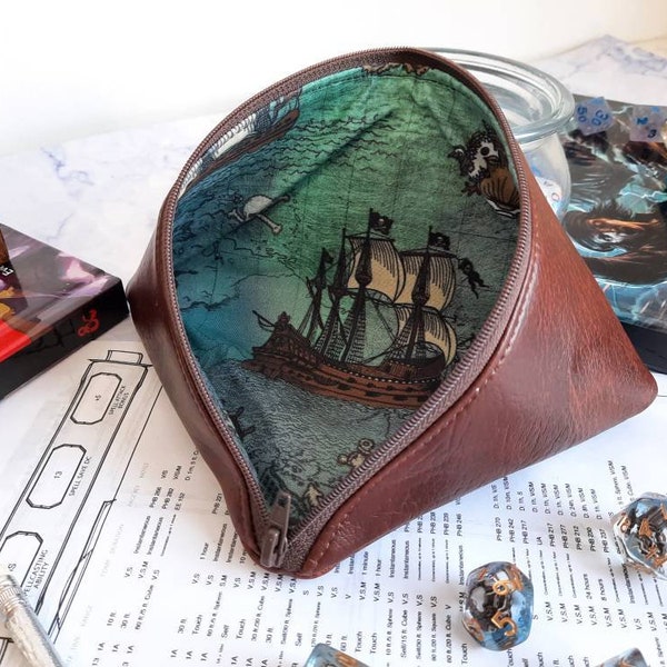 Sac de dés de voyage pirate fait main pour ensembles de dés donjons et dragons, jetons, RPG, TTRPG, MDN, sac de rangement