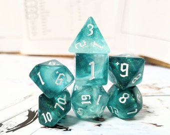 Teal Glitter Dice Set, Dungeons and Dragons Dice (7), DND, TTRPG, Polyhedral Dice