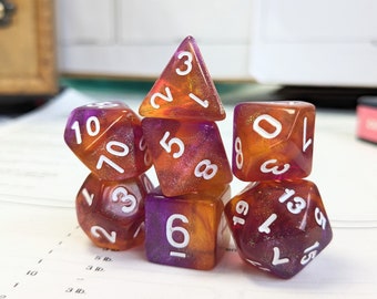 Purple and Orange Glitter, Dungeons and Dragons Dice (7), DND, TTRPG, Polyhedral Dice