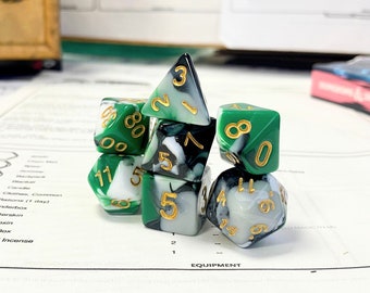 Green, Black and White Swirl Dice Set, Dungeons and Dragons Dice (7), DND, TTRPG, Polyhedral Dice