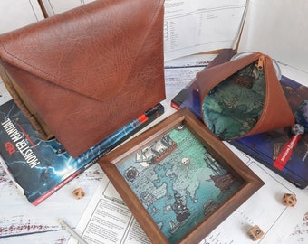 Pirate Voyage Dice Tray Bundle – Walnut Frame, Faux Leather Bags
