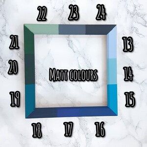 May include: A color chart with 24 different shades of blue, green, and gray paint. The chart is labeled "MATT COLOURS".