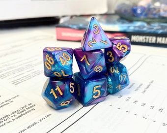 Purple and Blue Swirl Dice Set, Dungeons and Dragons Dice (7), DND, TTRPG, Polyhedral Dice