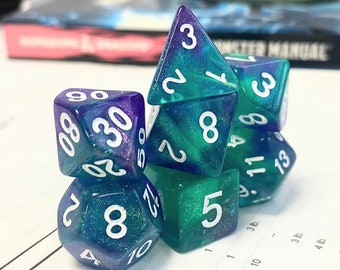 Purple and Green Glitter Dice Set, Dungeons and Dragons Dice (7), DND, TTRPG, Polyhedral Dice