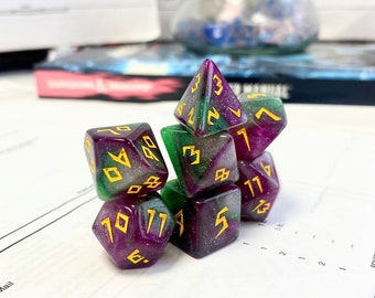 Purple and Green Runic Style Font Dice Set, Dungeons and Dragons Dice (7), DND, TTRPG, Polyhedral Dice