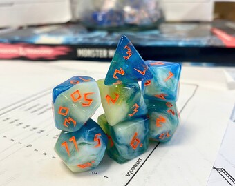 Yellow, Blue And Green Runic Style Font Dice Set, Dungeons and Dragons Dice (7), DND, TTRPG, Polyhedral Dice
