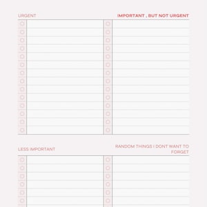 以下が含まれることがあります： ピンクと白のADHDブレインダンプノート。ノートは、緊急、重要だが緊急ではない、重要度の低い、忘れたくないランダムなものの4つのセクションに分かれています。各セクションにはチェックボックスがあります。