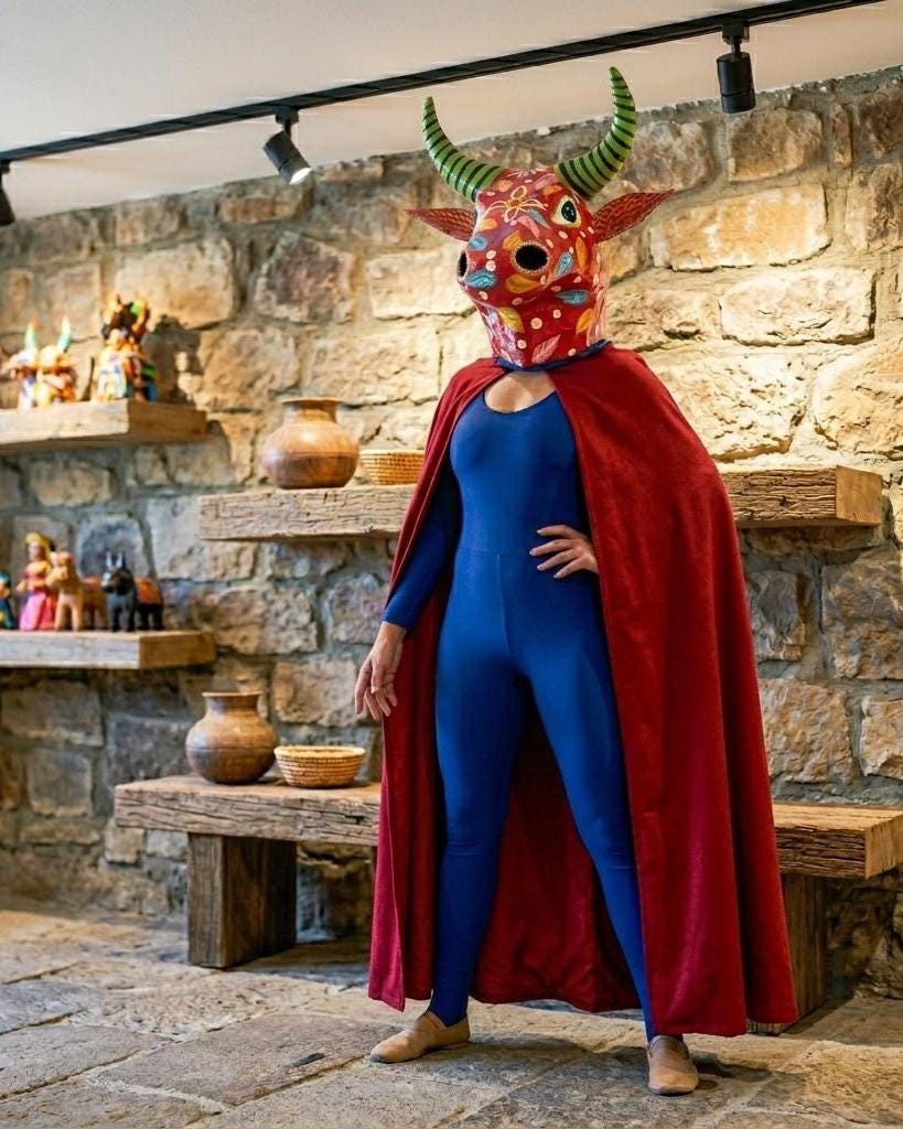 Handmade Haitian Papier-red Mâché Bull Mask – Colorful Carnival