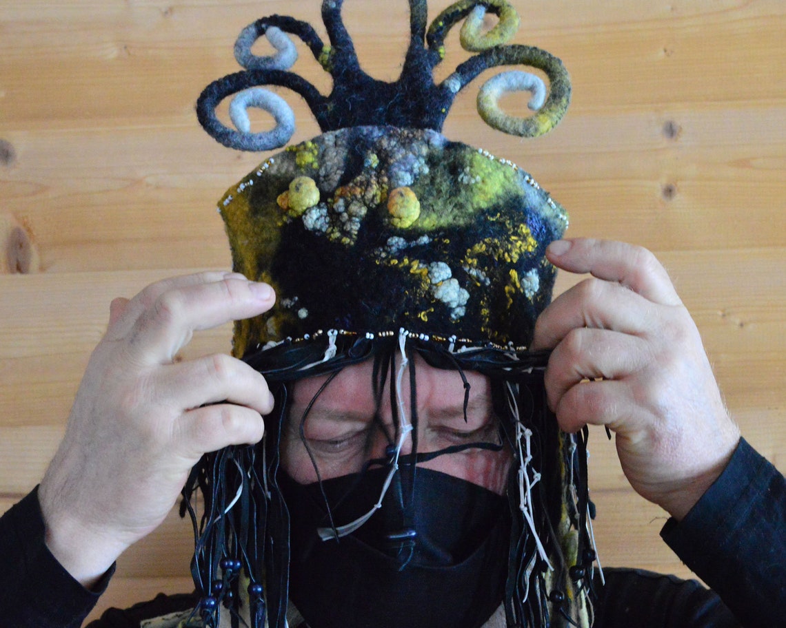 Shaman Headdress a Black Pagan Mask With a Fringe and Horns Etsy