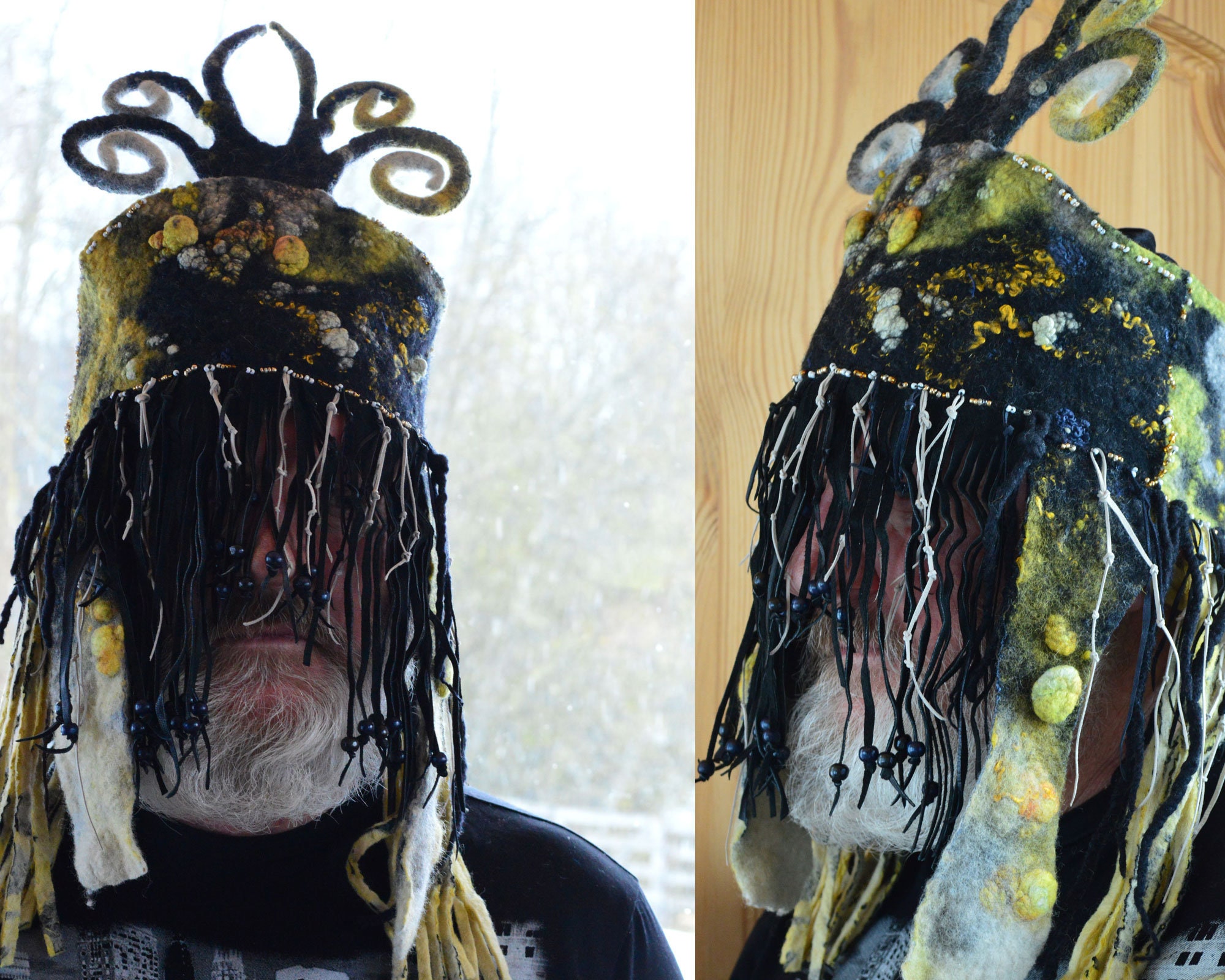 Shaman Headdress a Black Pagan Mask With a Fringe and Horns Etsy