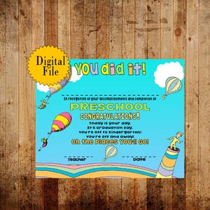 Preschool Oh The Places You Will Go-Abschluss-Zertifikat, digitaler Download,