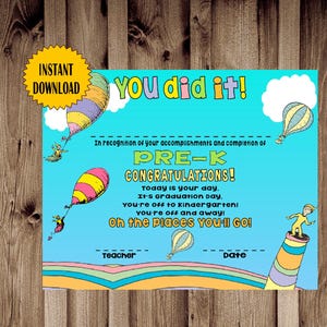 Pre-K Oh The Places You Will Go-Abschluss-Zertifikat, digitaler Download,