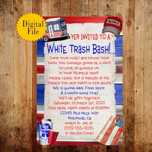 White Trash Redneck Party Invite, Red, White Blue, American Theme White Trash Party