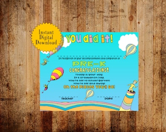 Pre-K Oh The Places You Will Go Graduation Certificate, Digital Download,
