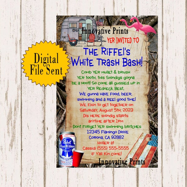 White Trash Party Invitations, PBR, Digital, Dirty 30, Redneck Invitation