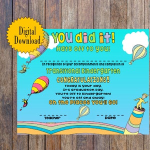 Maternelle de transition, certificat de fin d&#39;études TK Oh The Places You Will Go, téléchargement numérique,
