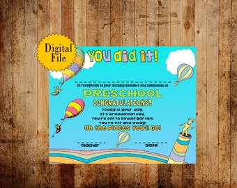 Preschool Oh The Places You Will Go Graduation Certificate, Digital Download,