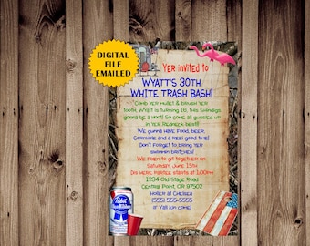 White Trash Party Invitations, PBR, Digital Download, Dirty 30, Redneck Invitation