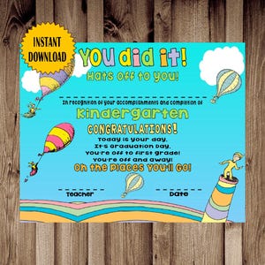Certificado de formatura do jardim de infância Oh The Places You Will Go, download digital,