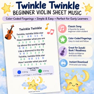 Może przedstawiać: Nutowy zapis utworu Twinkle Twinkle na skrzypce dla początkujących z kolorowymi oznaczeniami palcowania dla tekstu piosenki. Zawiera ilustrację skrzypiec, nuty, klucz palcowania dla tonacji A-dur oraz tekst opisujący cechy takie jak klasyczna piosenka, przygotowanie do 1. tomu Suzuki i natychmiastowe pobieranie.