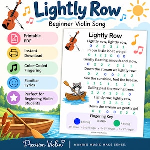 May include: A printable PDF sheet for the beginner violin song Lightly Row, featuring lyrics, colour-coded finger numbers, and a raccoon in a boat illustration. Includes a fingering key for E and A strings, musical notes, and a violin graphic.
