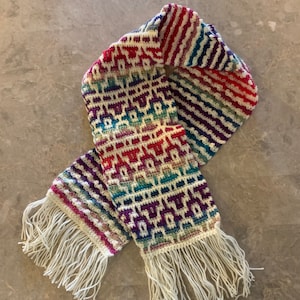 Könnte beinhalten: Ein bunter Häkel-Schal mit weißen Fransen. Der Schal hat ein geometrisches Muster in den Farben Rosa, Lila, Blau, Grün und Rot.