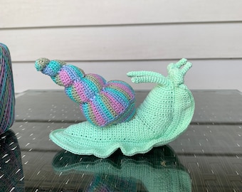 Crochet Snail Amigurumi, Mint Green Plush with Multicolored Shell