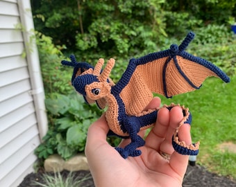 Crochet Wyvern Plush, Posable Dragon Figurine, Navy and Copper