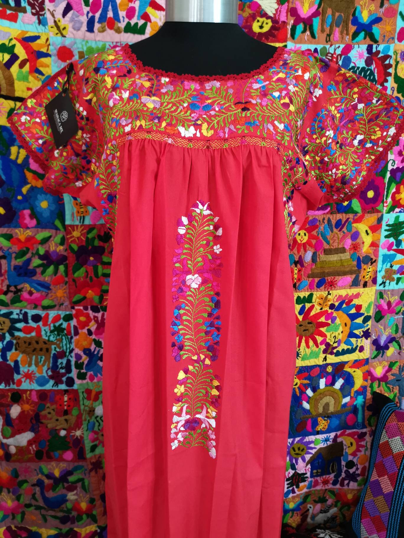 Image of San Antonino Dress, Medium - Large Hand Embroidered Maxi Mexican Huipil Vestido Bordado A Mano