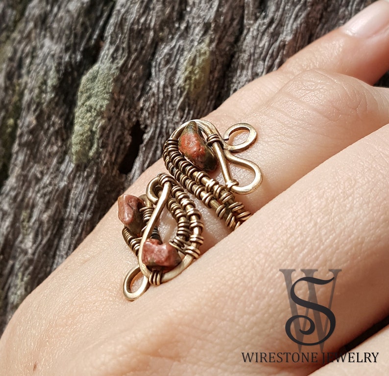 Raw Gemstone Statement Ring Unakite Chip Beads Wire Weave Art Nouveau Boho Adjustable Ring