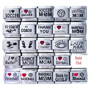 May include: A set of 20 silver charm bracelets with various sports-themed designs. The charms feature different sports, including soccer, basketball, volleyball, baseball, softball, football, cheer, dance, golf, tennis, and ballet. Some charms also include the words "Mom", "Coach", "Thank You", and "Sold Out".